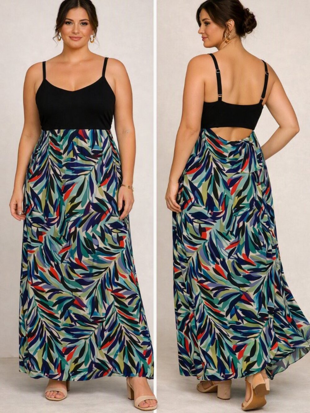 Nicole Miller Leaf Print Colorful Strappy Maxi Dress Size 14